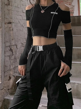 Patchwork T-shirts Crop Tops Hem Hip Hop Techwear Women Tees