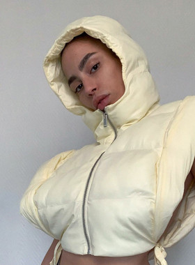 Women's hooded sleeveless tied short cotton jacket女面包服