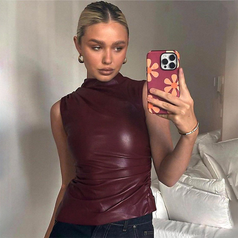 Women's leather pile neck sleeveless top女皮革堆领无袖上衣