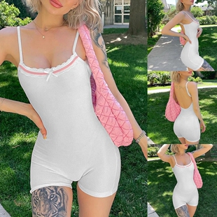 Playsuit Lace Trim Sleeveless Strap Low-Cut Romper Summer