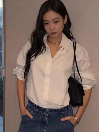 金智妮同款白色宽松休闲百搭打底长袖衬衫气质衬衣设计感小众上衣
