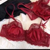 新品 带钢圈交叉薄模杯透气蕾丝刺绣纯欲胸罩小胸显大文胸 法式