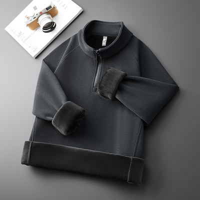 加绒加厚半拉链立领卫衣男宽松百搭弹力保暖锁温长袖体恤