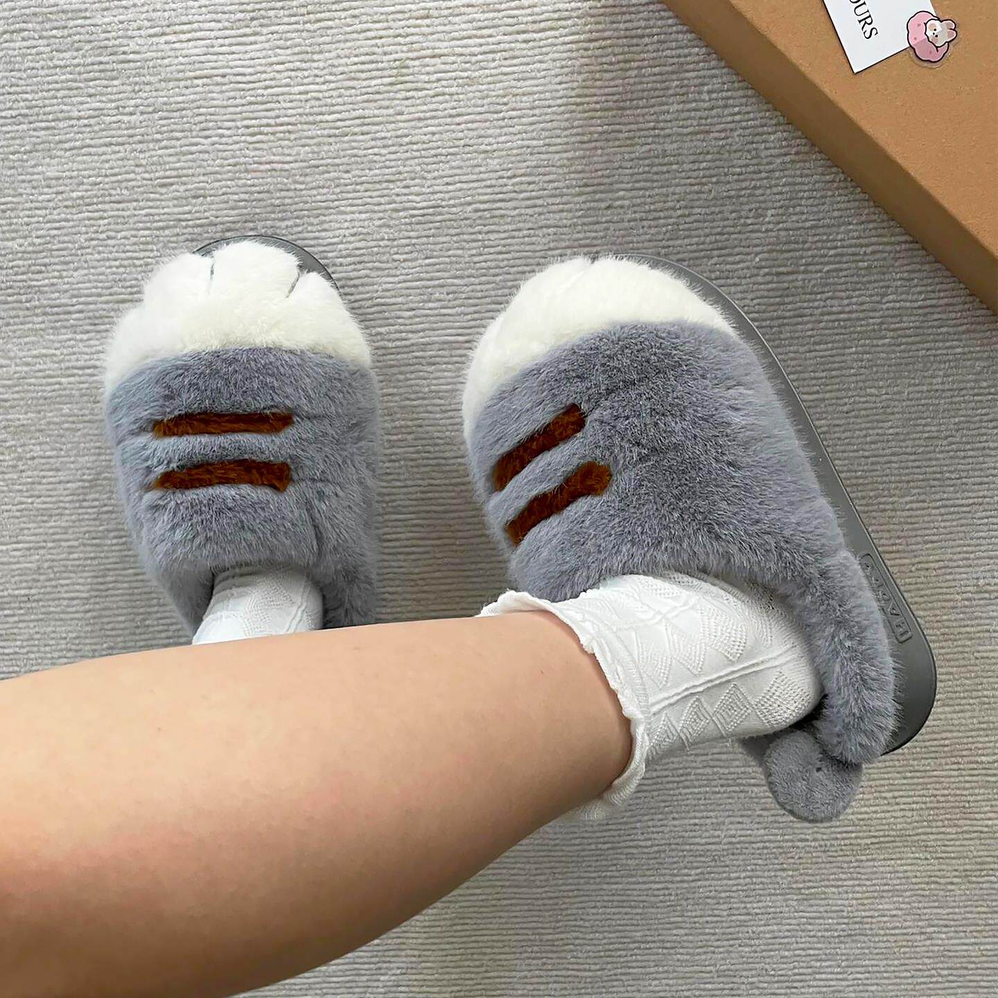 毛茸茸猫爪~包跟棉拖鞋女2025新款棉拖秋冬厚底情侣外穿居家可爱