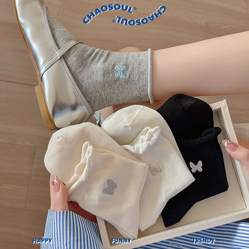 短袜子女士春夏季薄款蝴蝶结刺绣中筒袜