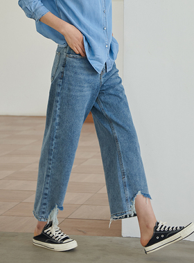 NH2019新品个性不规则裁剪撕边显瘦高腰百搭水洗阔腿牛仔裤PR-176