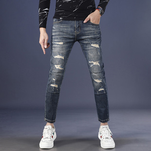 名士鲨秋季破洞补丁九分牛仔裤男款修身小脚弹力显瘦矮个子裤子男