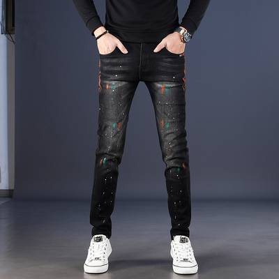 名士鲨新款涂鸦黑色修身牛仔裤冬