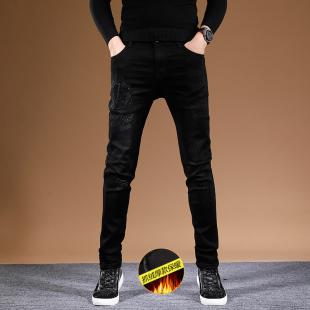 男款 黑色牛仔裤 潮牌冬季 抓绒小脚男士 子 2024新款 长裤 轻奢烫钻修身