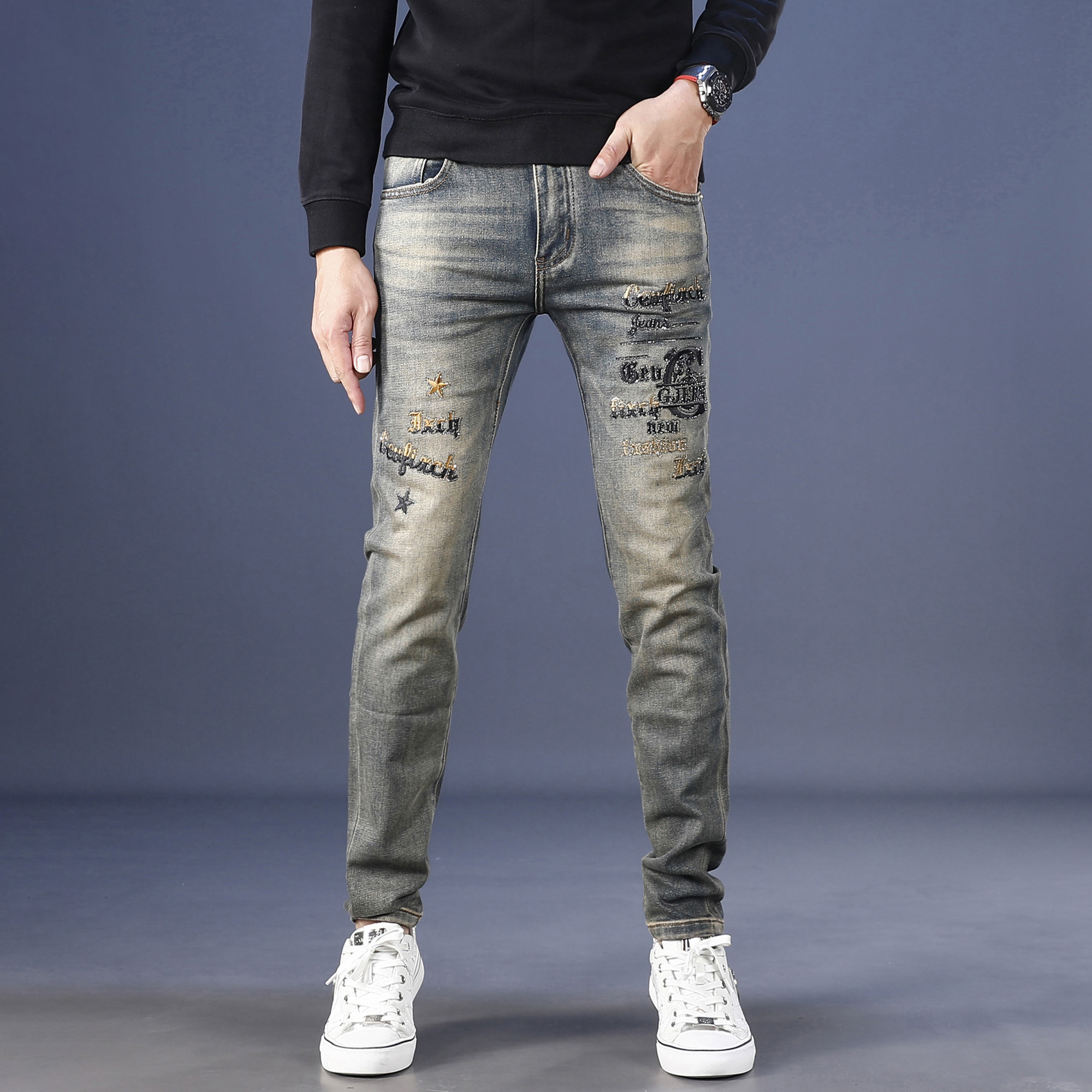 2025新款秋季刺绣牛仔裤男修身