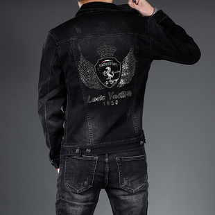 2025欧洲站烫钻黑色短款修身牛仔外套潮牌时尚帅气外穿夹克上衣秋