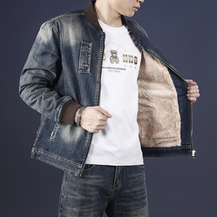 名士鲨2025加绒加厚保暖复古机车风牛仔外套男拉链罗纹棒球服棉衣