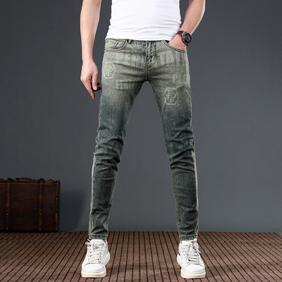 时尚印花修身牛仔裤男2024新款