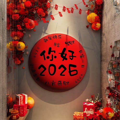 你好2026新年元旦墙面装饰红气球款网红打卡拍布置氛围小院场造景