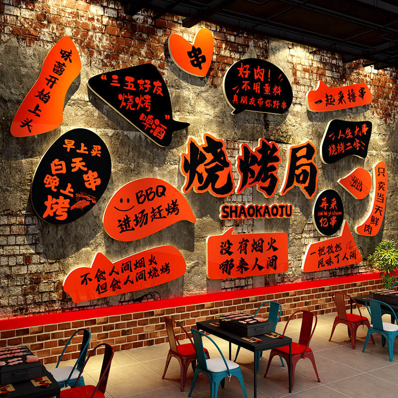 烧烤店装饰创意墙面氛围布置网红打卡工业风破肉串贴纸广告东北画图片
