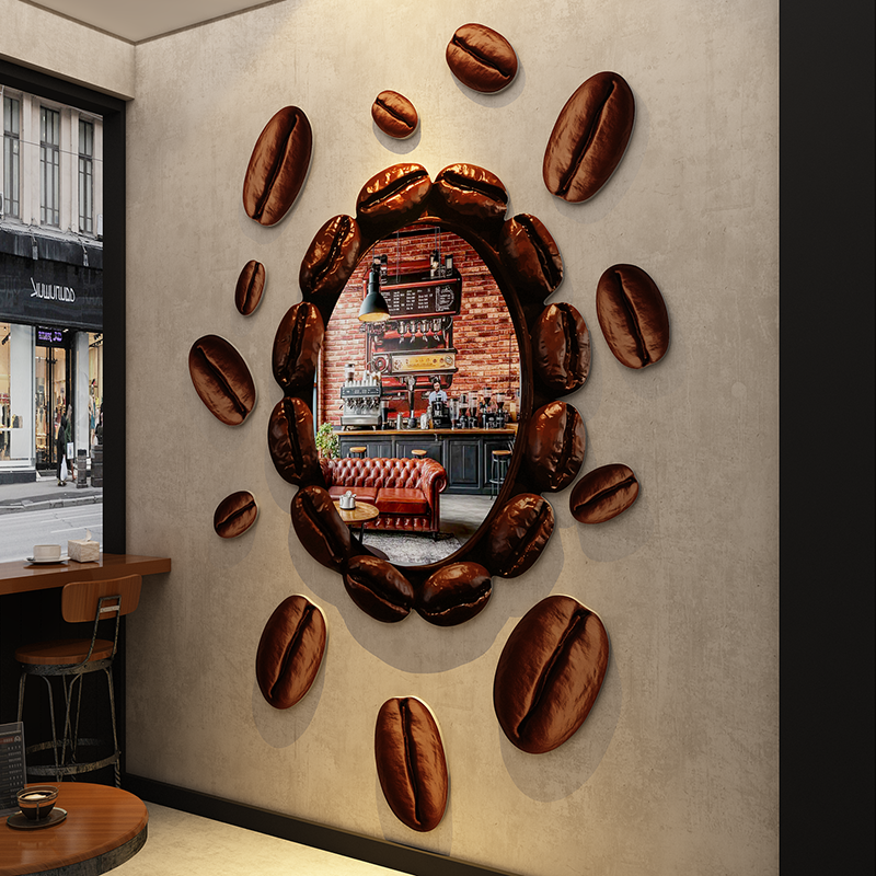 咖啡豆涂鸦镜子网红打卡拍照区布置店铺门头吸引顾客神器厅角造景