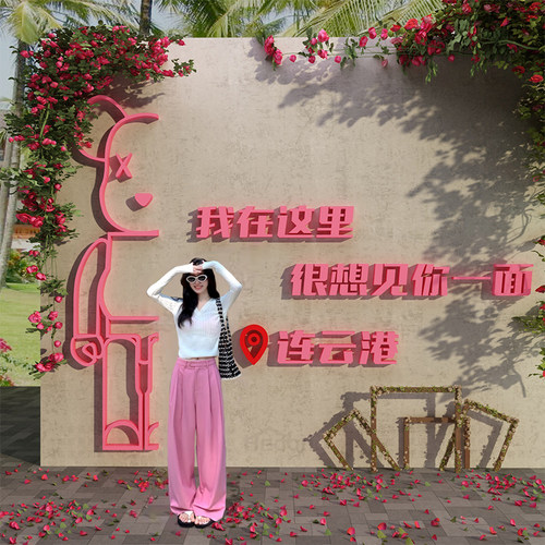 网红打卡拍照区布置造背景室户外小院民宿墙面装饰互动公仔玫瑰花