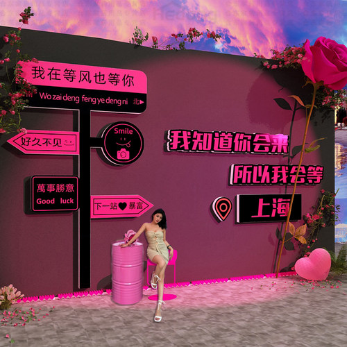 网红打卡拍照区布置花墙面装饰露营氛围户外造场景小院指示牌民宿