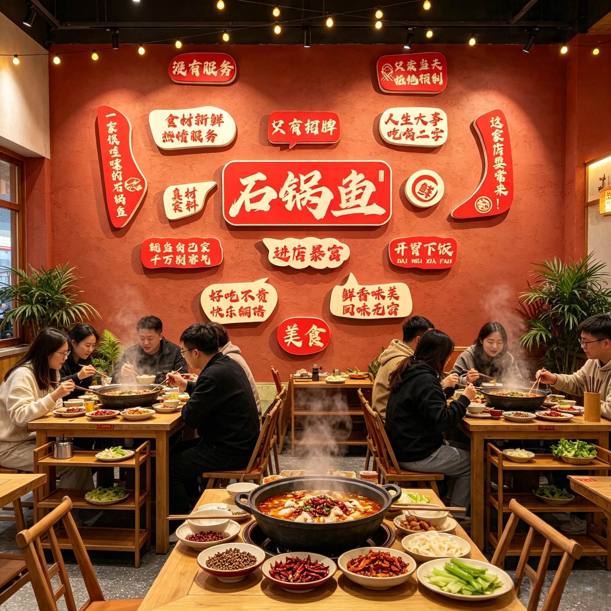 网红石锅鱼店墙面装饰氛围布置烧烤肉火创意广告贴壁纸画餐饮海报