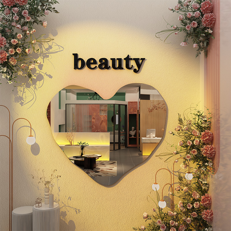 美容院墙面装饰网红打卡拍照区甲爱心造镜子服装花店氛围布置场景