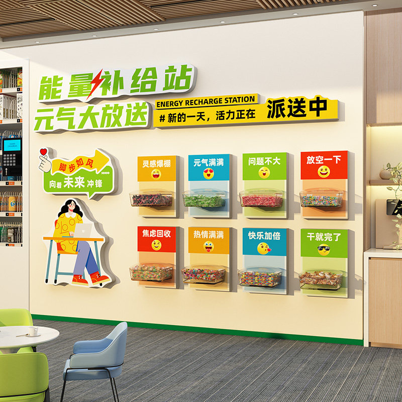 能量补给站加油糖果零食文化办公室司茶水间氛围布置墙面装饰企业