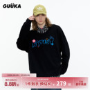 领落肩上衣 立体刺绣衬衫 GUUKA黑色假两件卫衣男秋季 重磅纯棉加绒