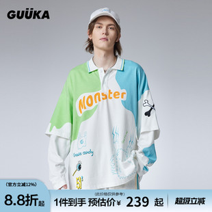 T恤男小怪兽印花POLO衫 GUUKA白色重磅假两件长袖 撞色落肩上衣宽松