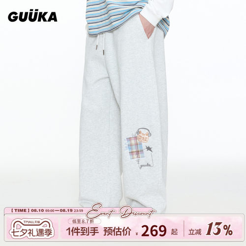 GUUKA猫咪刺绣弯刀卫裤