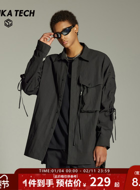 GUUKA TECH机能风黑色中长款衬衫男款肌理感长袖衬衣立体口袋外套