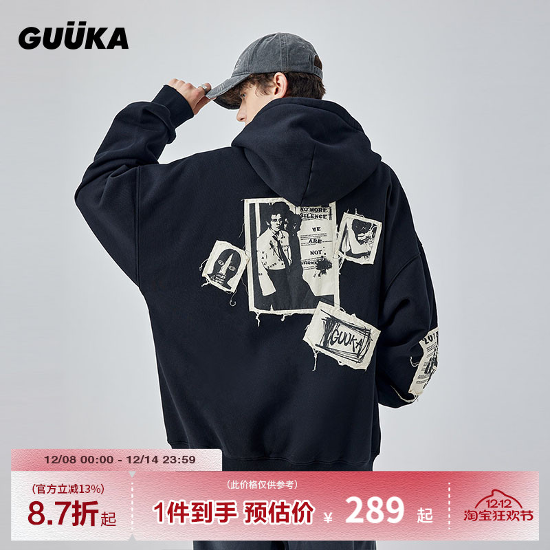 GUUKA毛边贴布绣落肩连帽卫衣