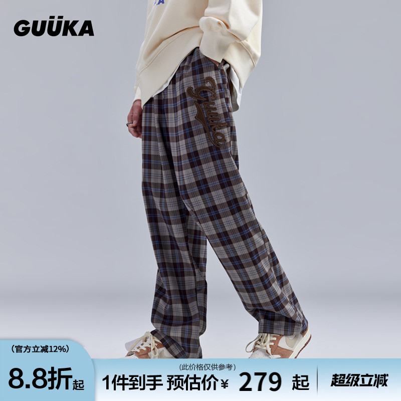 GUUKA潮牌咖色直筒裤男加厚 情侣嘻哈LOGO贴布刺绣格子裤宽松阔脚