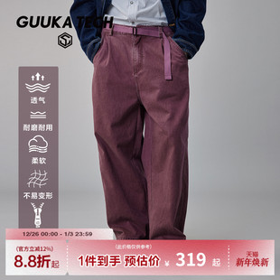 子宽松阔腿裤 GUUKA 字母刺绣伐木裤 男款 TECH酒红色复古水洗直筒裤