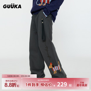 子腊肠小狗刺绣直筒裤 GUUKA潮牌复古深灰色加绒加厚卫裤 裤 冬季 男