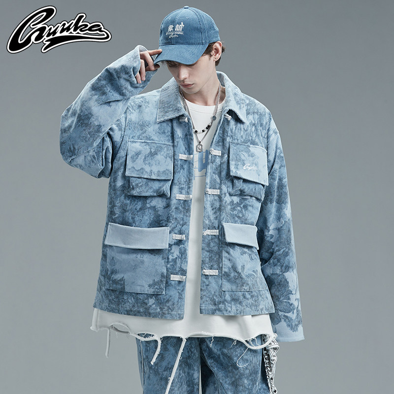 GUUKA潮牌扎染多袋工装夹克男冬 学生改良唐装盘扣灯芯绒外套宽松