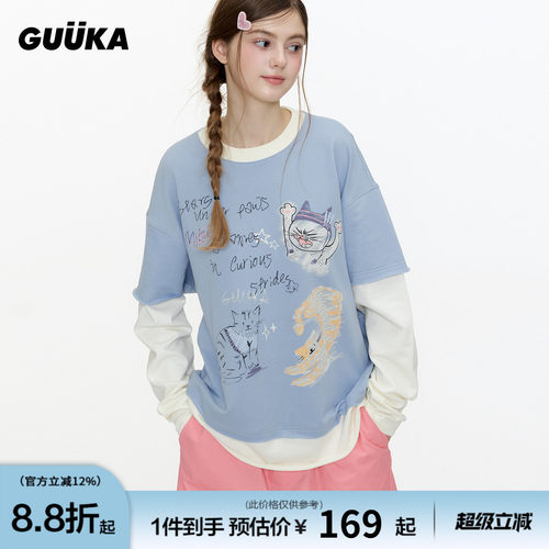 GUUKA暴躁猫咪假两件长袖T恤