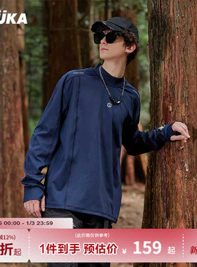GUUKA TECH机能藏蓝色半高领保暖打底长袖T恤男 情侣户外上衣宽松