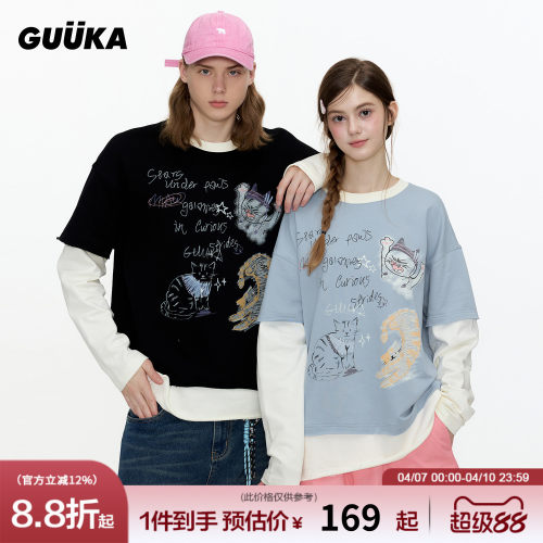 GUUKA暴躁猫咪假两件T恤