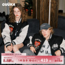 GUUKA美式 拼接PU皮夹克撞色羽绒服外套宽松 刺绣黑色棒球服男秋冬