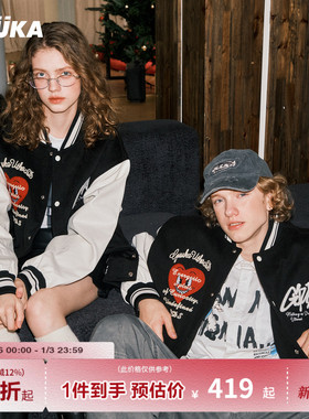 GUUKA美式刺绣黑色棒球服男秋冬 拼接PU皮夹克撞色羽绒服外套宽松