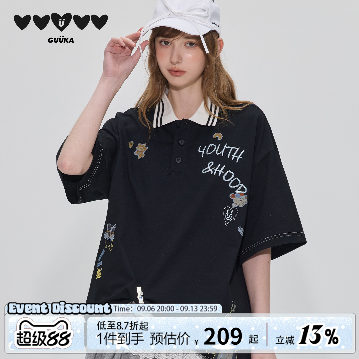 GUUKA黑色小狗短袖polo衫图片