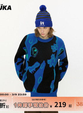 GUUKA潮牌蓝黑撞色圆领毛衣男冬季保暖 爱心四叶草提花落肩针织衫