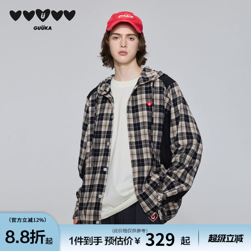 GUUKA抽绳连帽长袖衬衫格子衬衫