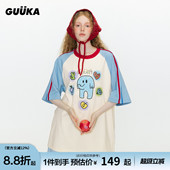 上衣女 重磅纯棉插肩袖 GUUKA潮牌小象短袖 T恤男夏撞色拼接条纹半袖