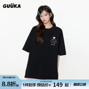 T恤女夏重磅纯棉爱心印花半袖 GUUKA潮牌黑色小猫短袖 宽松落肩上衣