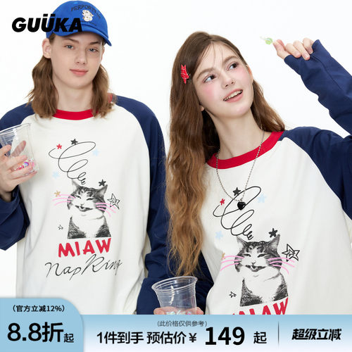 GUUKA猫咪美式长袖T恤