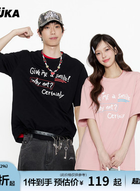 张函瑞同款GUUKA潮牌美式短袖T恤男夏季情侣装重磅纯棉正肩半袖女