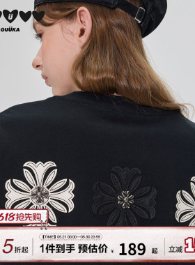 GUUKA潮牌黑色夏季t恤女新款哥特风PU皮刺绣短袖重磅纯棉半袖宽松