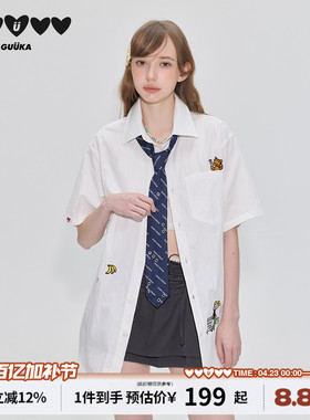 GUUKA&原田治联名小猫刺绣白色短袖衬衫女款夏季衬衣褶皱正肩外套