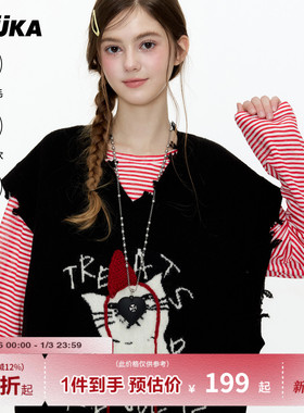 GUUKA潮牌黑色绵羊毛针织衫女小红帽猫咪V领毛衣背心坎肩磨破马甲