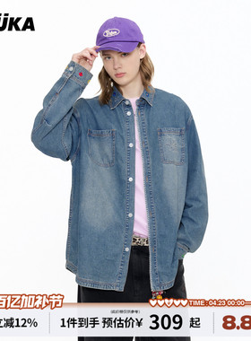 GUUKA潮牌美式复古蓝色牛仔衬衫男长袖衬衣 花卉刺绣做旧外套宽松